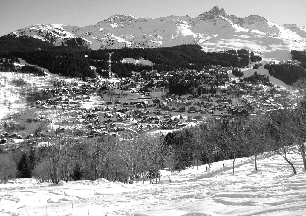 Meribel Ski Resort in the French Alps hillside view 3 b&w